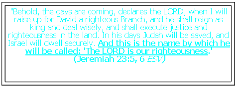 Text Box: "Behold, the days are coming, declares the LORD, when I will raise up for David a righteous Branch, and he shall reign as king and deal wisely, and shall execute justice and righteousness in the land. In his days Judah will be saved, and Israel will dwell securely. And this is the name by which he will be called: 'The LORD is our righteousness.' (Jeremiah 23:5, 6 ESV)