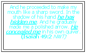 Text Box: And he proceeded to make my mouth like a sharp sword. In the shadow of his hand he has hidden me. And he gradually made me a polished arrow. He concealed me in his own quiver. (Isaiah 49:2 NWT)